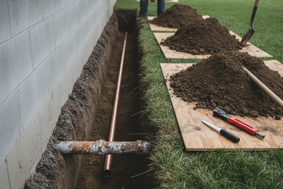 Excavated water line trench during Sewer Line Repair in Jean